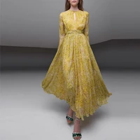 womens dress 2022 new floral yellow print high waist elegant big swing long sleeve chiffon long dress female