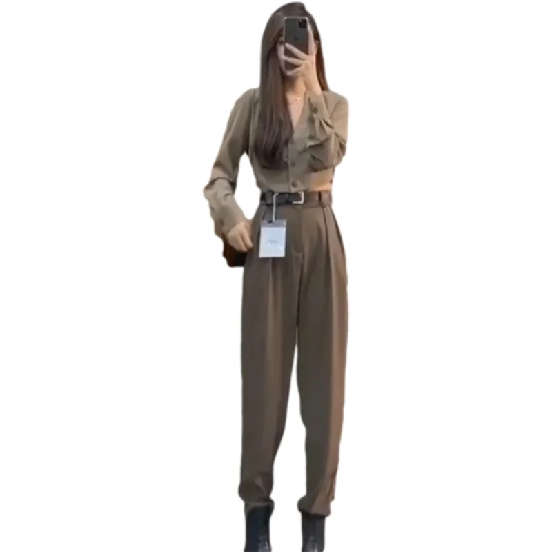 

New Spring 2 Piece Long sleeves Blouse Women Long sleeves Vintage Solid Blouse long pants