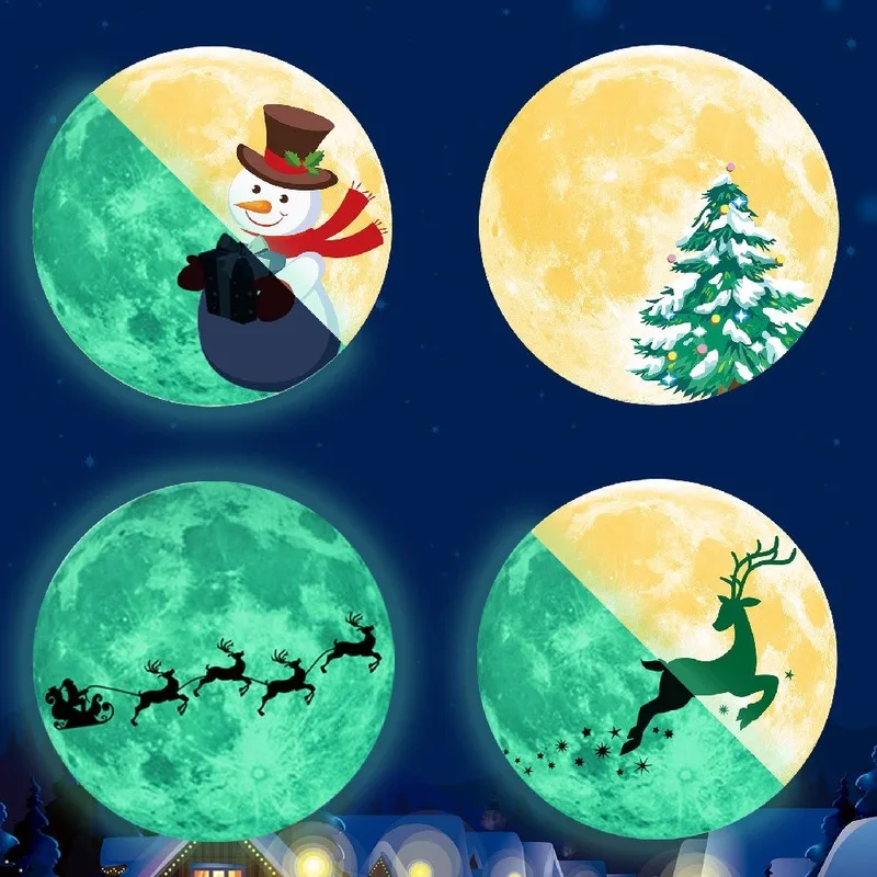 

30cm Christmas fluorescent stickers, moon snowman, pine, deer, blessing under the moon, luminous decorative wall stickers