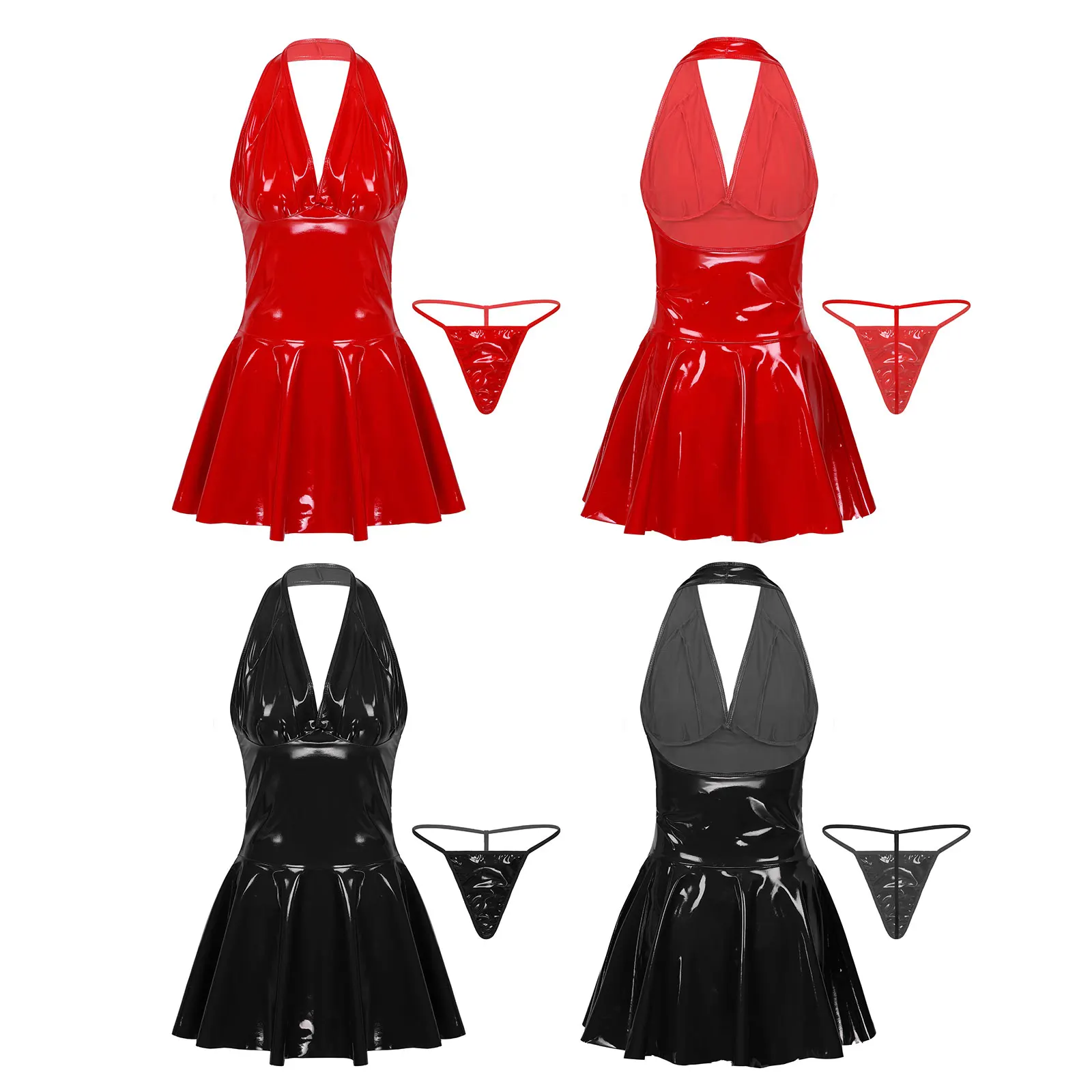 Womens Ladies Faux Leather Pleated Mini Dress Sleeveless Backless Wet Look Dress A-line Sexy Clubwear Costumes Cocktail Parties