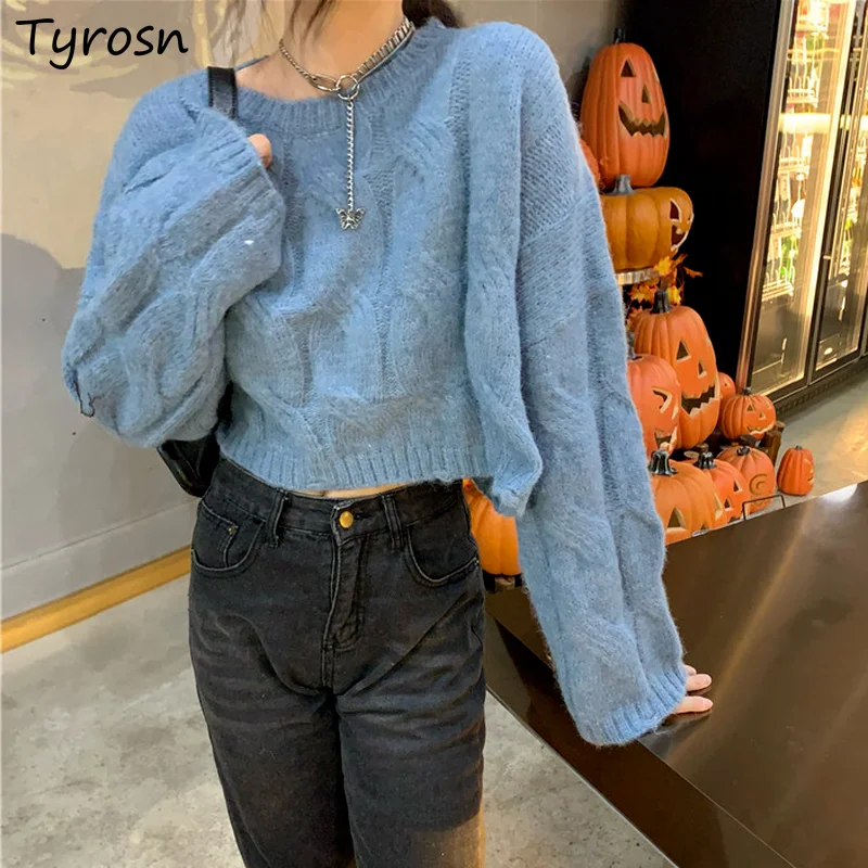 

Women Pullovers Sweet Girls Knitting Tender Cropped Tops Sweaters Twist Slouchy Ulzzang Round Neck Soft Design Female Sexy Hip