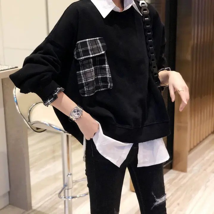 

Western style Plaid Pocket with two women's long sleeve loose top