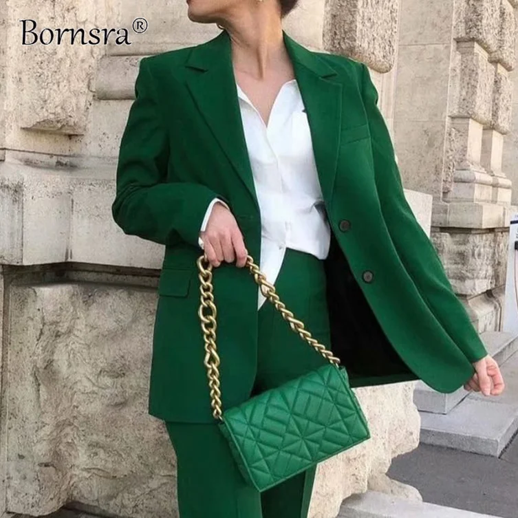 

Bornsra Vintage Women Green Jackets 2021 Summer Fashion Ladies Elegant Slim Blazers Streetwear Girls Chic Tops Sweet