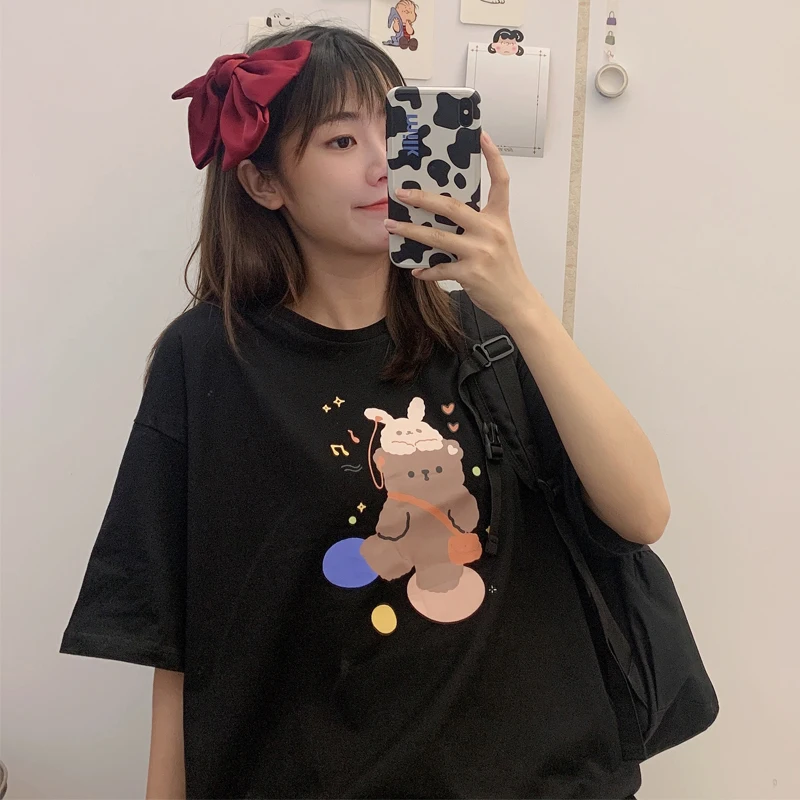 

Spring new loose base Japanese cute cartoon print short-sleeved T-shirt women
