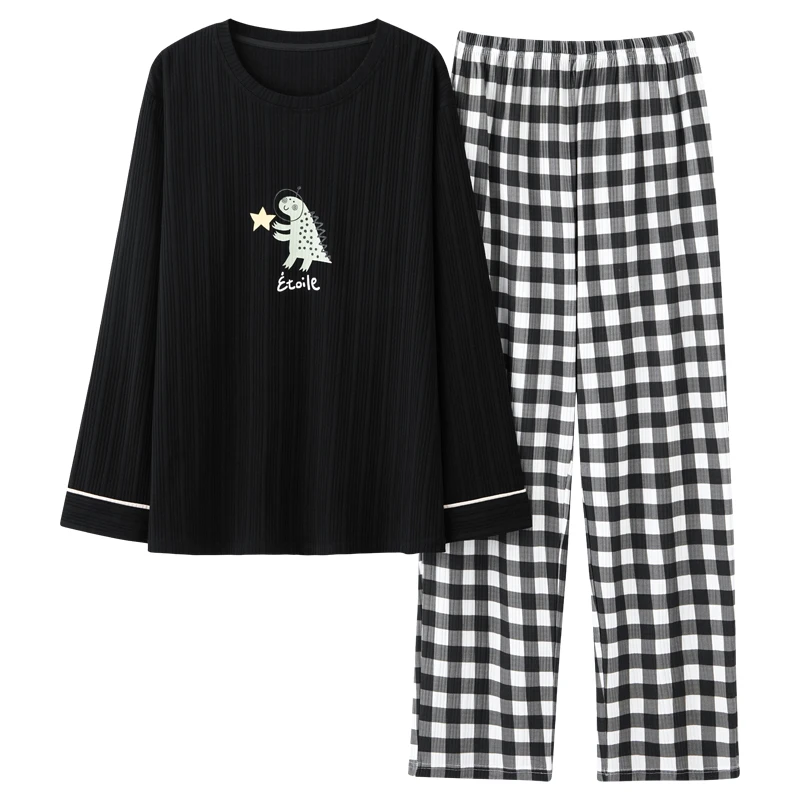 Young Men Pajamas for Spring Soft Breathable Cotton Home Clothing Sets Pullover Plaid Bottoms Casual Youth Teenagers Lounge Wear