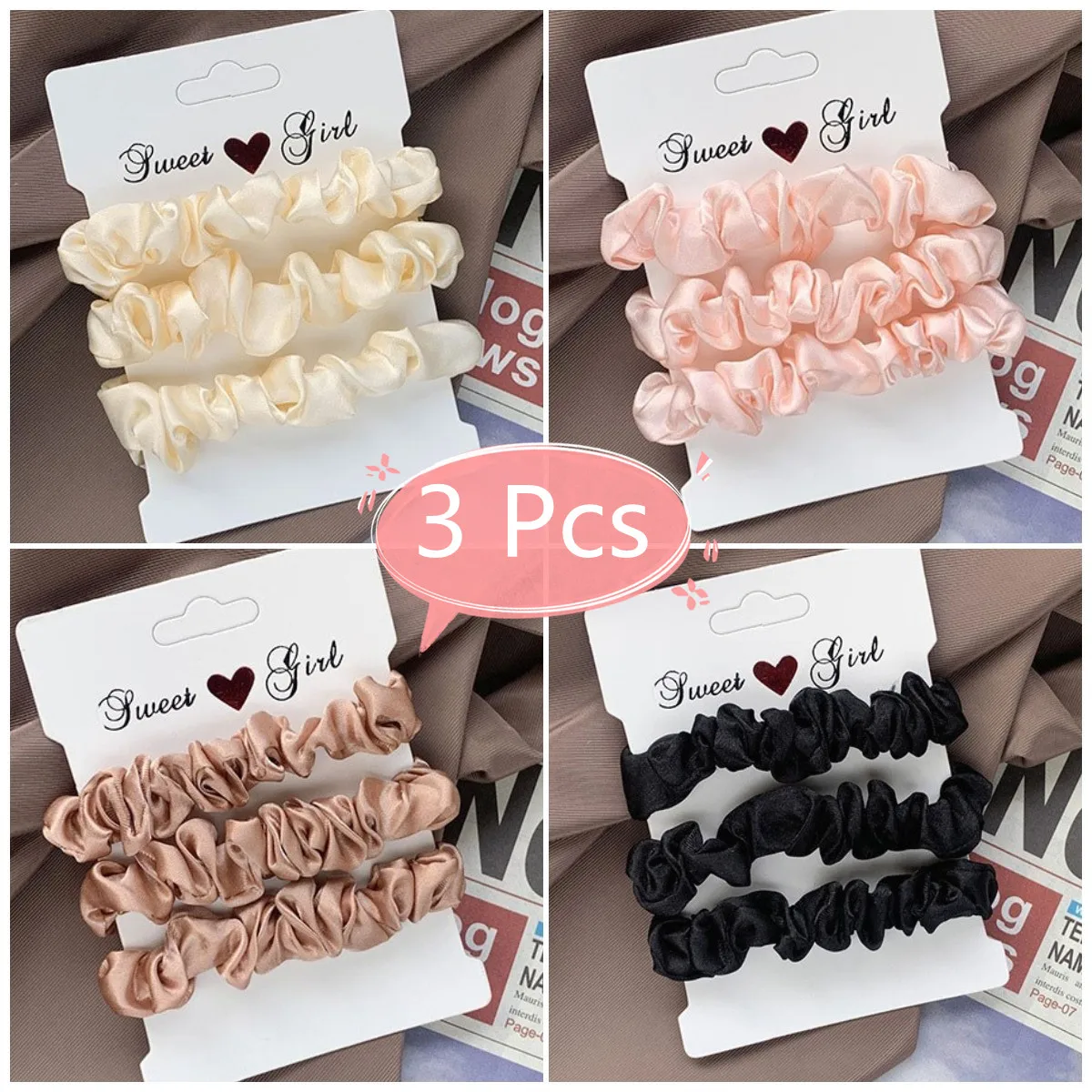 

3pcs/set Woman Silk Hair Scrunchies Set Solid Colors Rubber Band Girls Ponytail Holders Hair Ties Women Hair Accessories