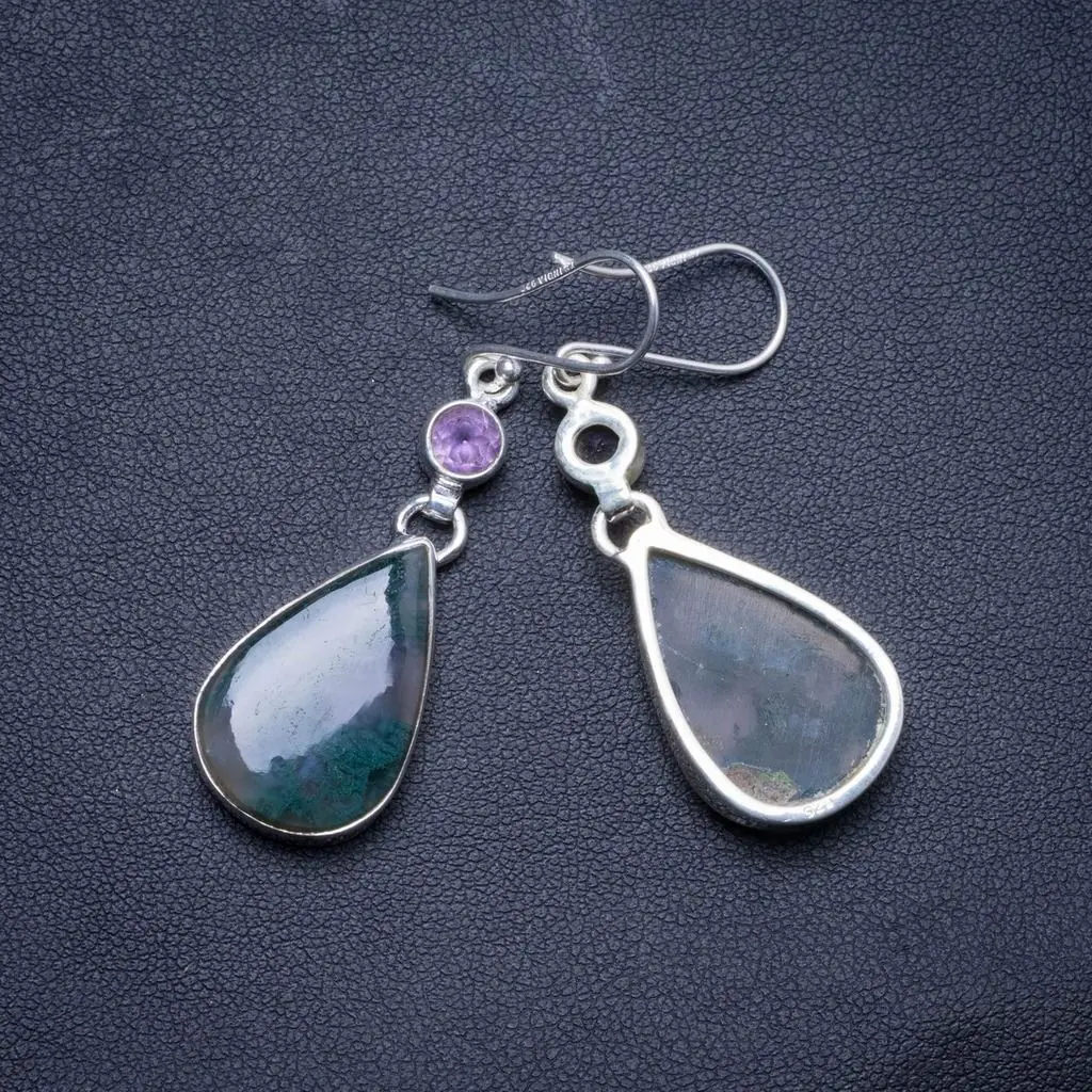 Уникальные серьги из серебра 925 пробы с натуральным моховым агатом и аметистом