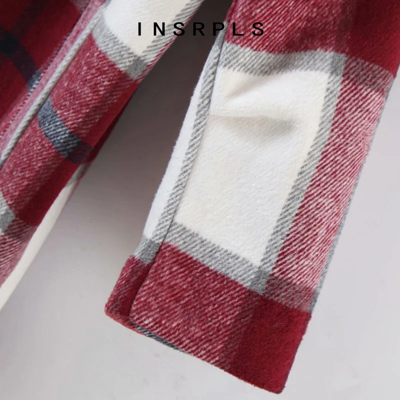 

INSRPLS Women Fashion Single Breasted Plaid Woolen Coat Vintage Long Sleeve Pockets Female Outerwear Chic Overcoat