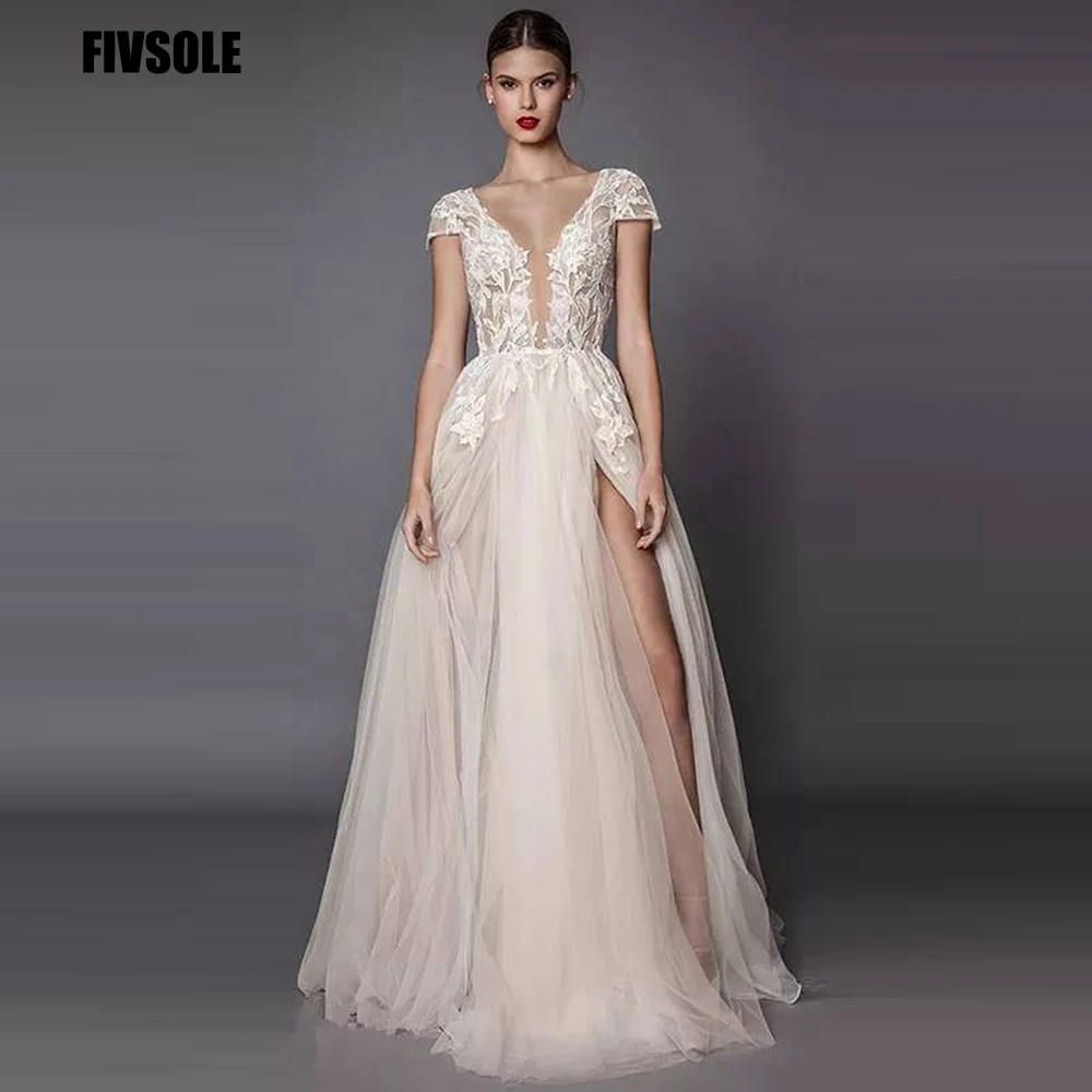 

Свадебные платья с V-образным вырезом, модель 2021 года, блестящее Тюлевое платье-трапеция цвета шампанского, длиной до пола, с аппликацией и о...