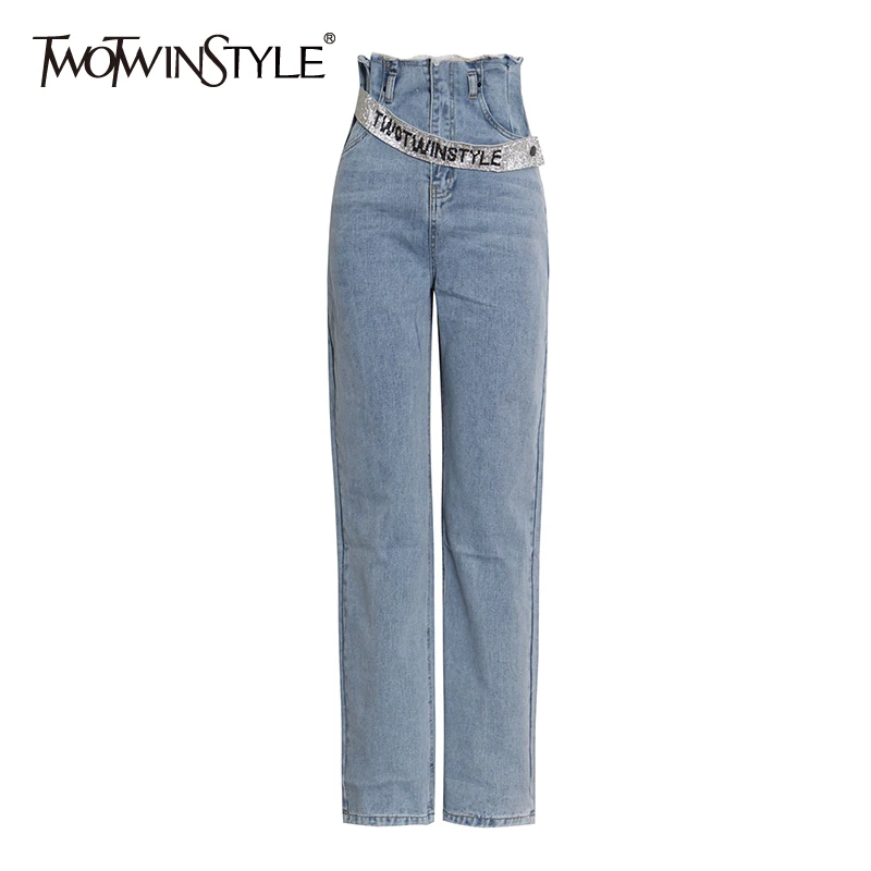 

TWOTWINSTYLE Blue Wide Leg Pant For Women High Waist Letter Graphic Lace Up Colorblock Full Length Denim Trouser Female 2021 New