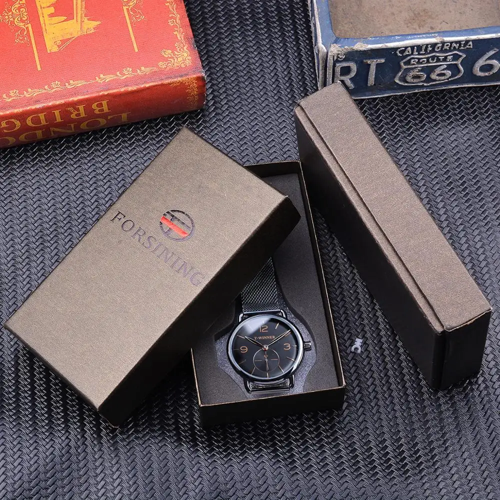 Часы наручные Winner Мужские механические простые тонкие с сетчатым браслетом из