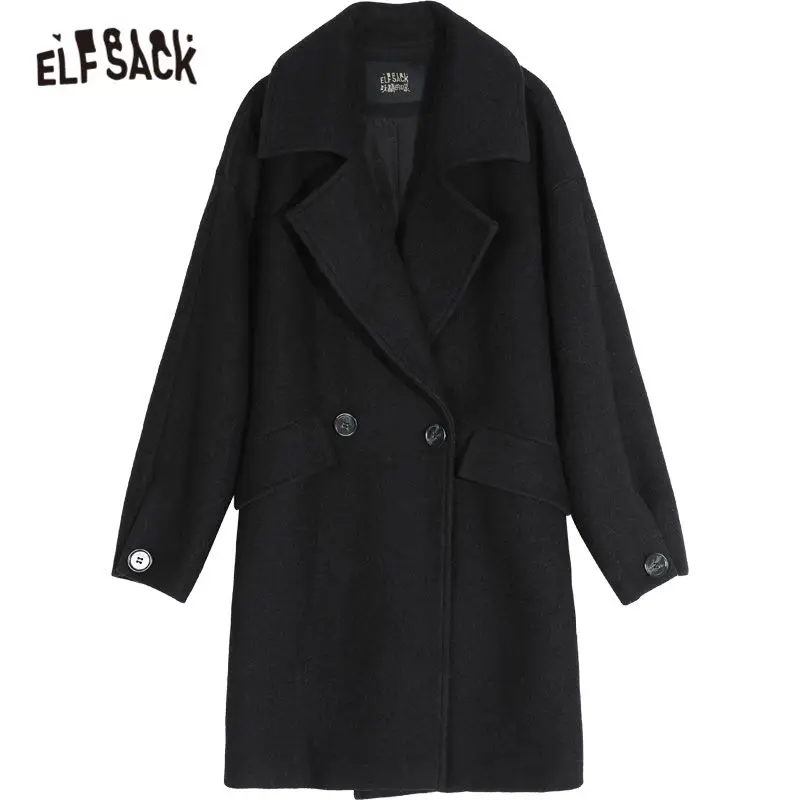 Женское прямое шерстяное пальто ELFSACK черное однотонное двубортное с поясом и