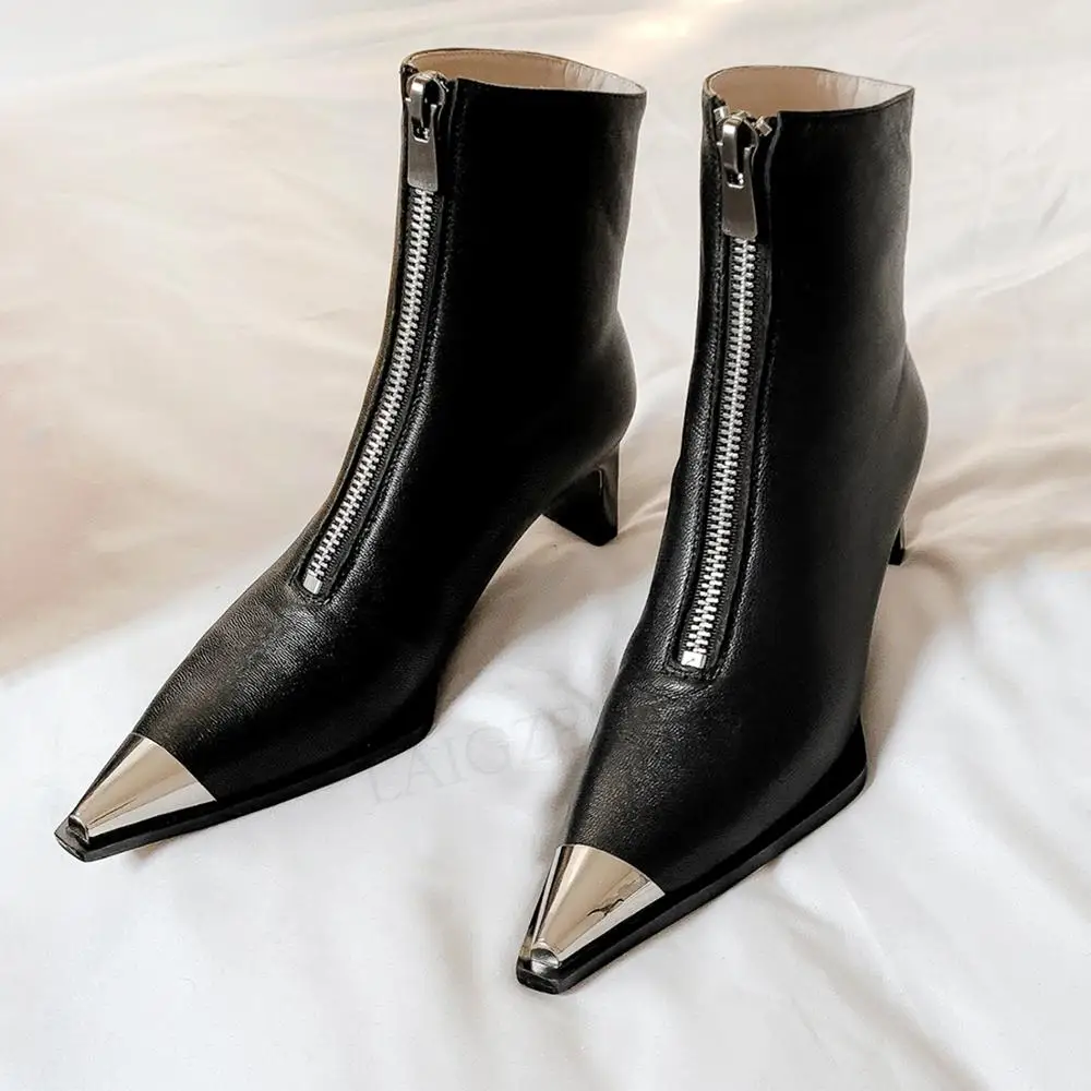 LAIGZEM женские ботильоны с металлическим острым носком из овечьей кожи 5 см каблуке
