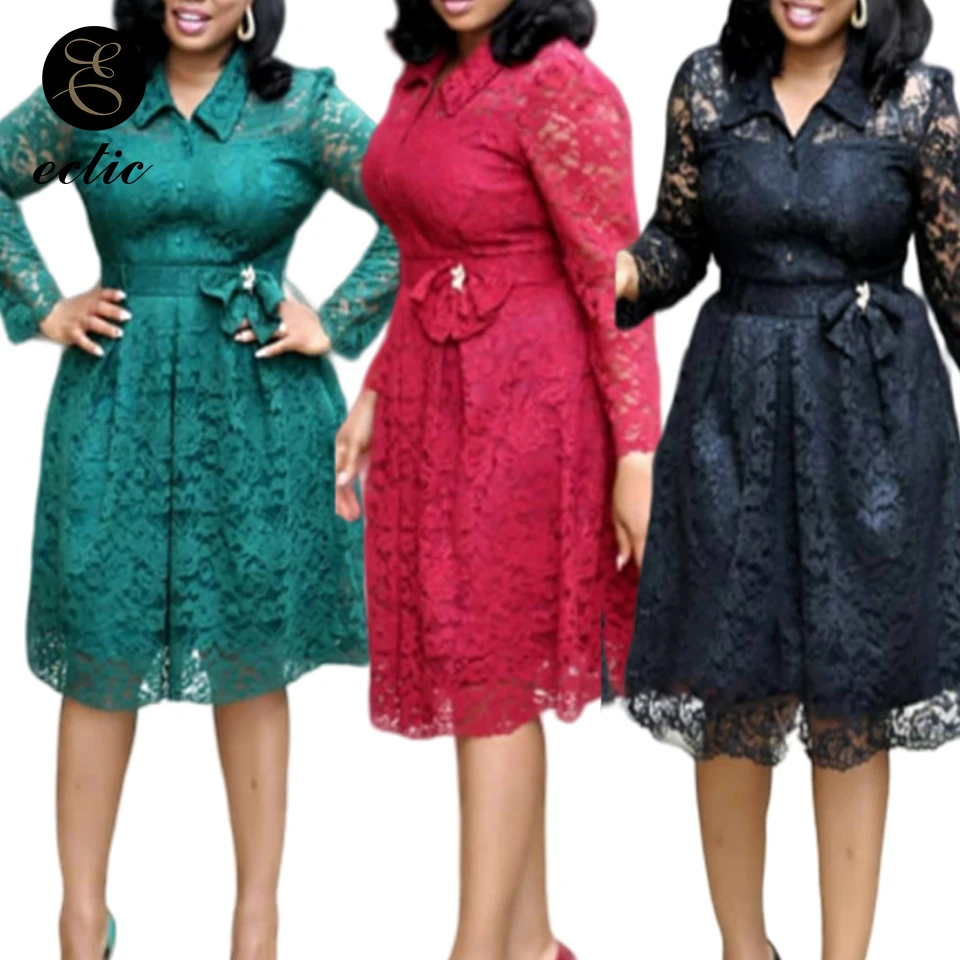 

Office Wear Turndown Collar Dress Big Size 4xl Sukienka Plain Embroidered Mesh Dress With Big Bow Button Up Dress Women Midi