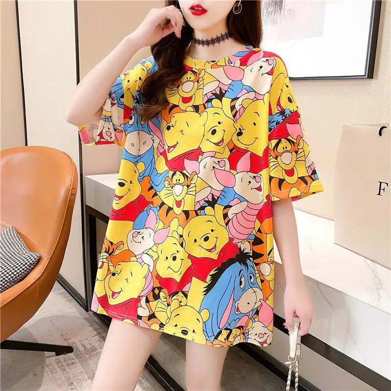

Disney's new spring/summer fashion medium length loose women's short-sleeved shirt cartoon Winnie the Pooh cotton T-shirt