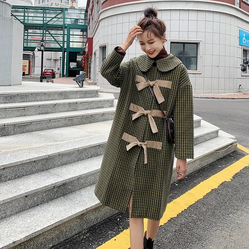 

Plaid Plus Cotton Thick Woolen Coat Ladies Winter X-Long Single Breasted Bow Tie Turn-Down Collar Fashion Woolen Coat Women 2020