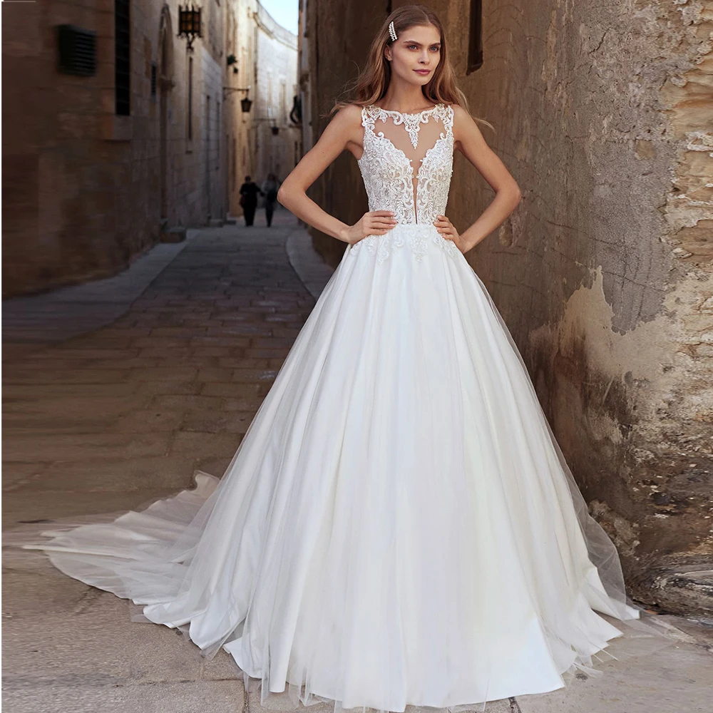 

Simple Wedding Dresses Satin Appliques Pleat Bateau Sleeveless Covered Button A-Line Bridal Gowns Novia Do 2021 Vestidos