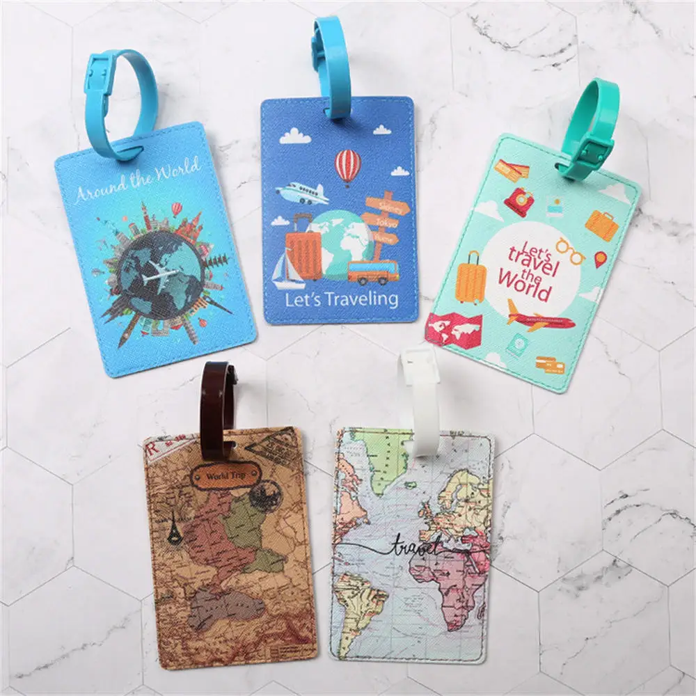 2022 New Creative World Map Luggage Tag Travel Accessories PU Suitcase ID Addres Holder Baggage Boarding Tag Portable Label