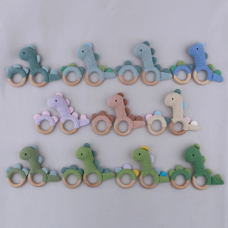 

1Set Crochet Dinosaur Baby Teether Rattle Safe Beech Wooden Teether Newborn Toy