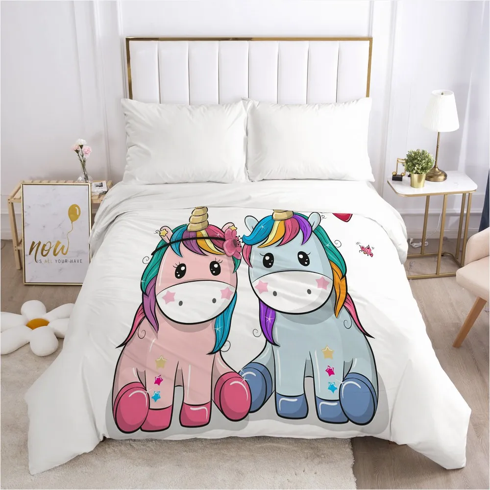 

Unicorn Cartoon Duvet Cover with Zipper Comforter/Quilt/Blanket Case 180x210 Queen 3D Bedding For Kids Child Baby Girls Boys
