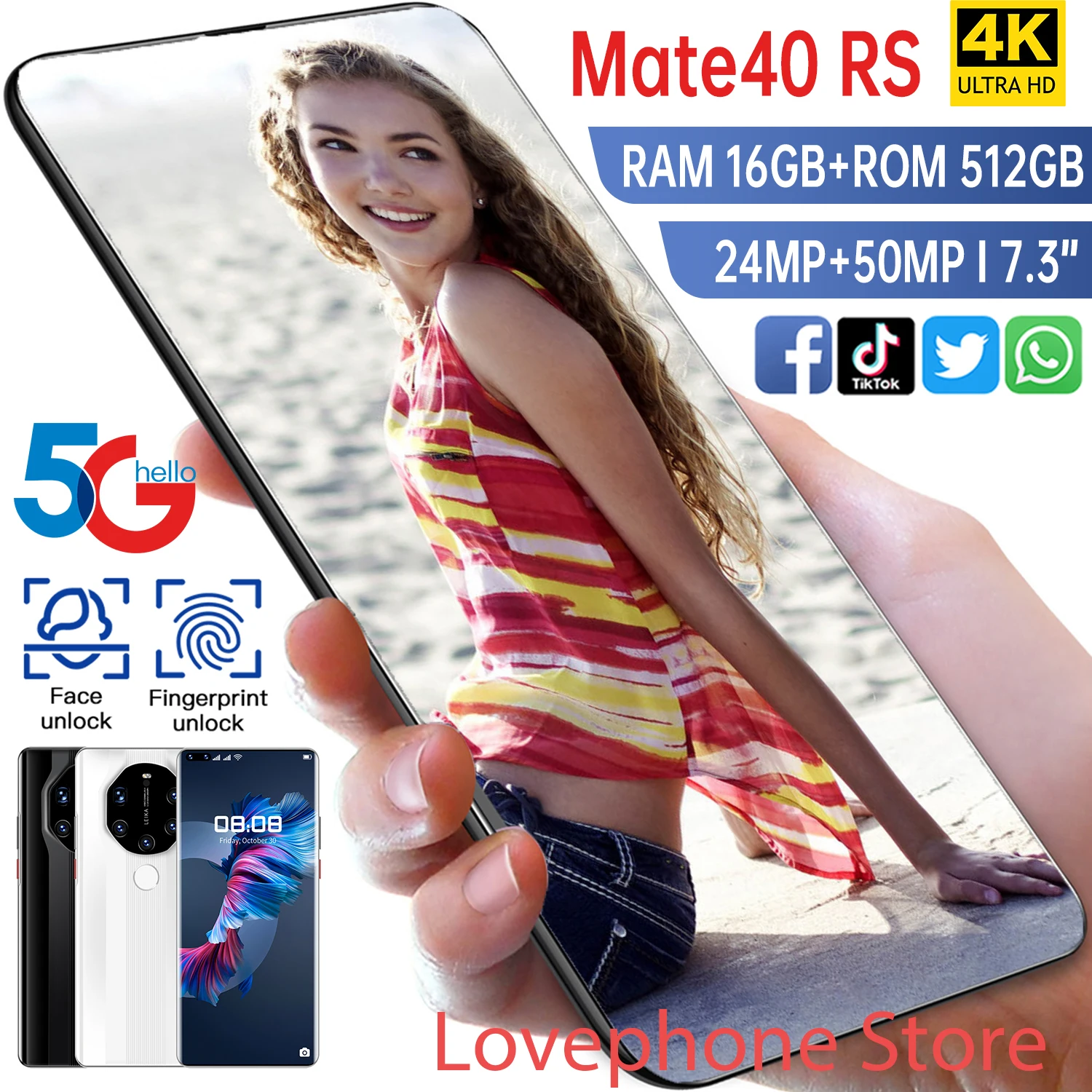 2021 Горячая Smartpone Mate40 RS глобальная версия Smartphonr 16G 512G Android10 Face ID отпечатков пальцев
