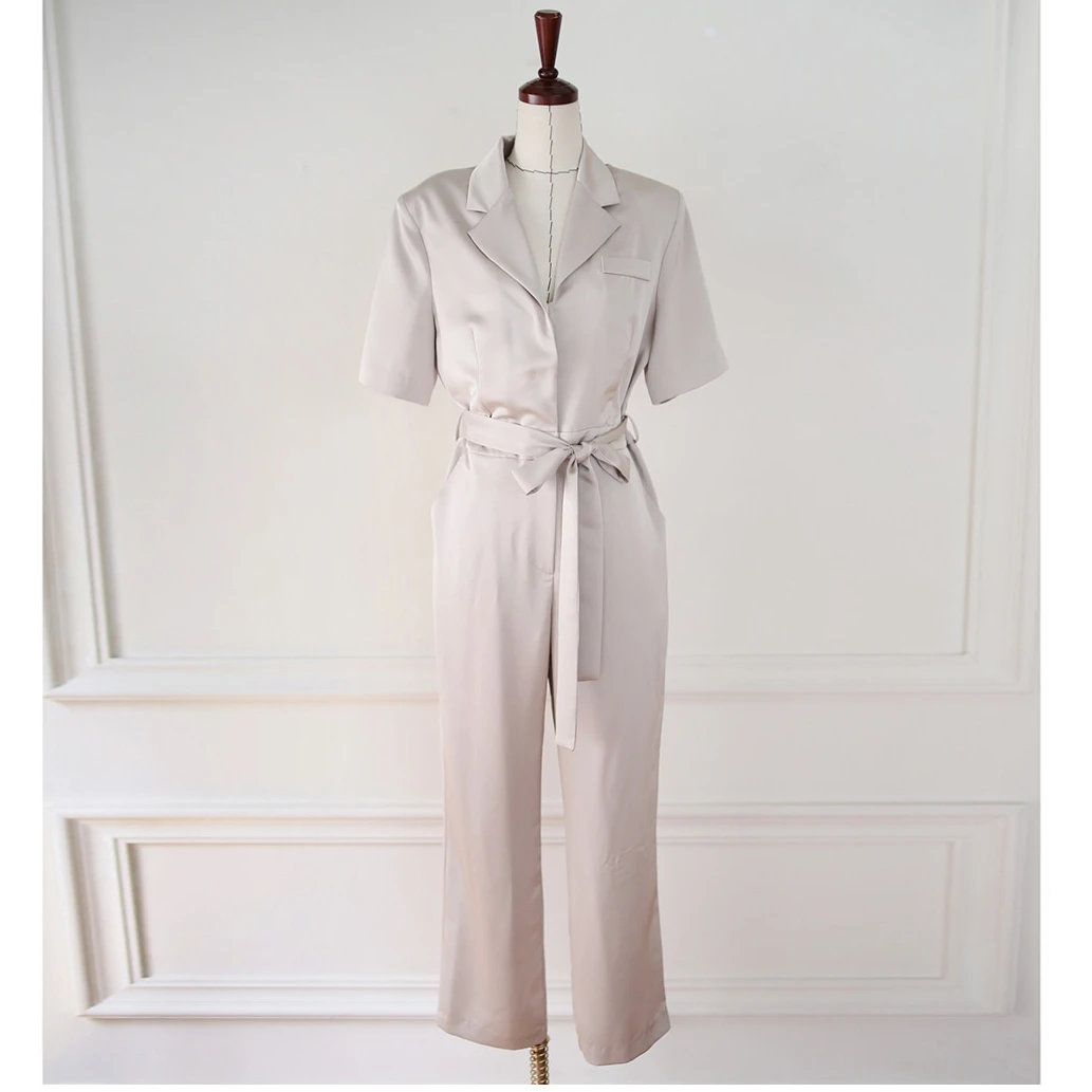 

New Fashion Notched Collar Office Blazer Jumpsuits Women Short Sleeve Double-Breasted Pocket Belt Knot Jumpsuits Female Overalls