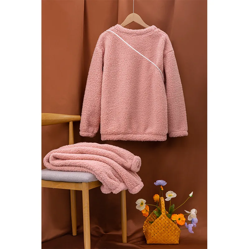 Sleeping Wear Set for Women Solid Color Round Neck Plush Pajamas Woman Winter Plus Size Flannel Thick Pajamas Home Clothes