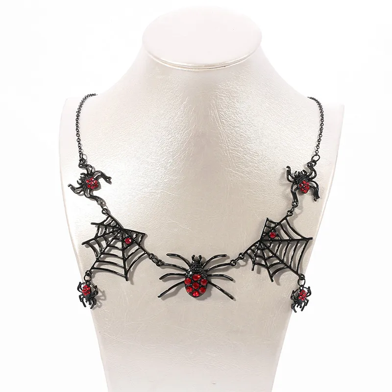 Украшения в стиле панк готика Хэллоуин черное ожерелье с пауком Красный Кристалл