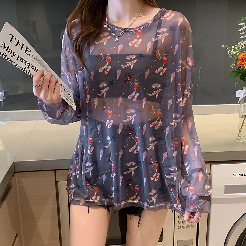 

Women Tshirt Summer Sun Protection Ice Silk Mesh Tshirt Long Sleeve O-Neck Vintage Clothes Plus Size Tops Fairy Grunge Cyber Y2k