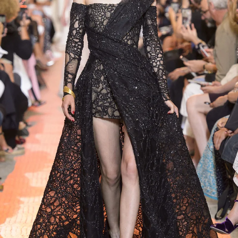 2020 Европейское и американское модное платье черное кружевное Элегантное