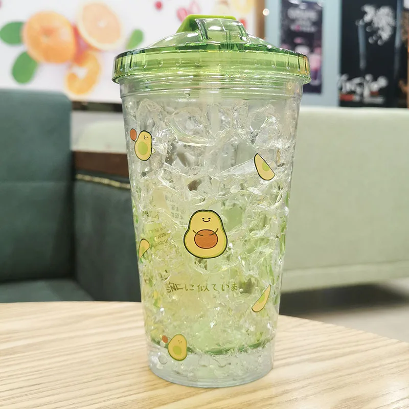 

450ml Hot Summer Ice Cup Cute Cartoon Sports Water Bottles Plastic Portable Drink Bottles with Straw Travel Cup Double Layer