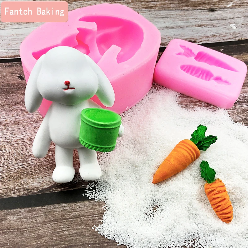 

3D Rabbit Easter Bunny Fondant Silicone Mold Decoration Tool Chocolate Cake Gumpaste Carrot Kitchen Cooking Mold Soft ceramics