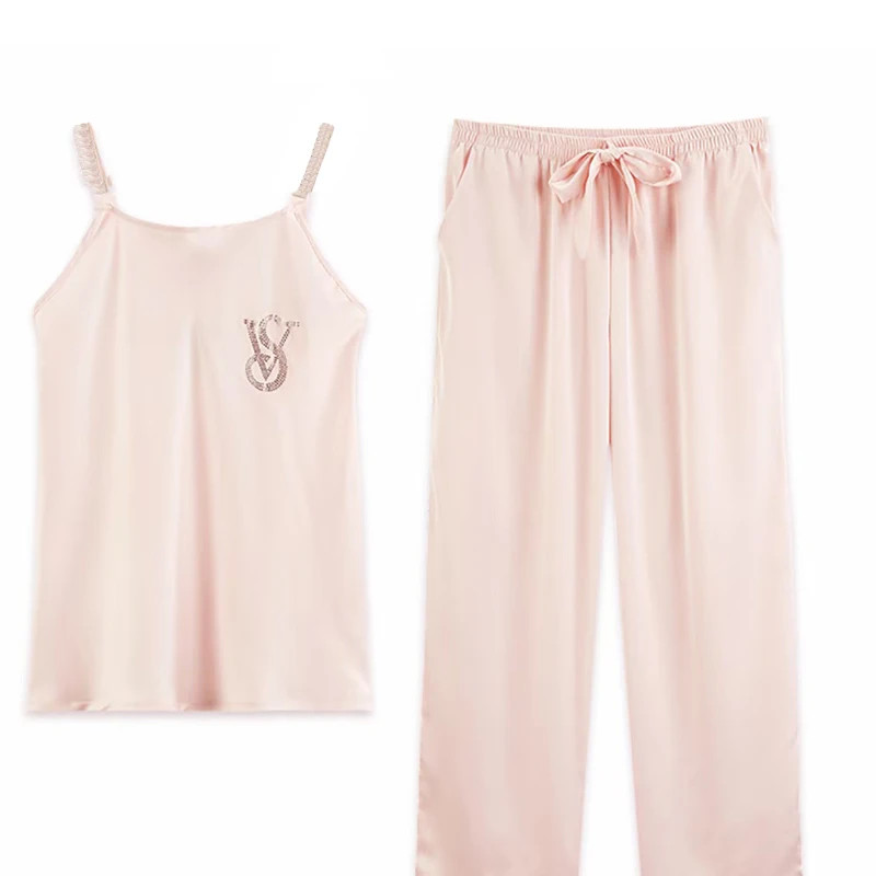 

Summer Sleepwear Women Silk Homewear Letter Rhinestone Pajama Sets Spaghetti Strap White Satin Pijamas Short Two Piece Set