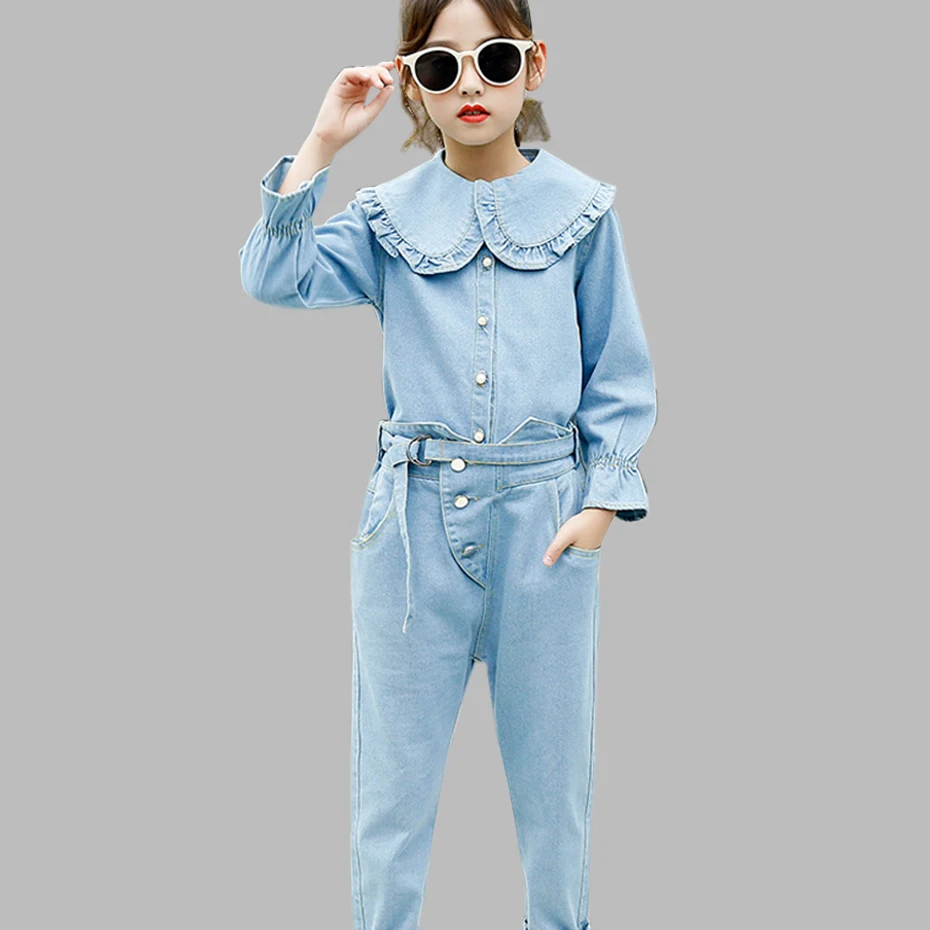 Комплект одежды для девочек однотонная джинсовая футболка + штаны 2 предмета