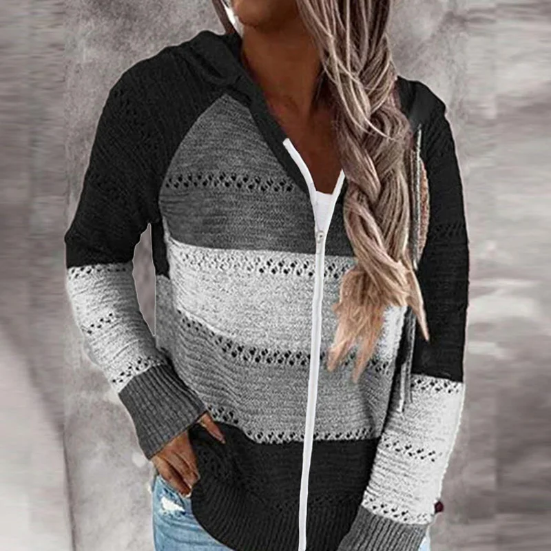 

Gouhua Hollow Out Hooded Sweater Women 2021 Spring Autumn Casual Loose Oversize 5XL Patchwork Long Sleeve Knitted Zipper Sweater