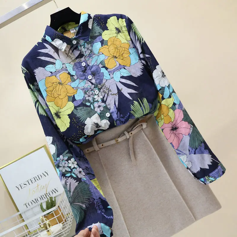 100% Cotton Linen Button Up Shirt Women Long sleeve Floral Vintage Top Shirt 2020 Autumn Ladies Blouse Casual Office White