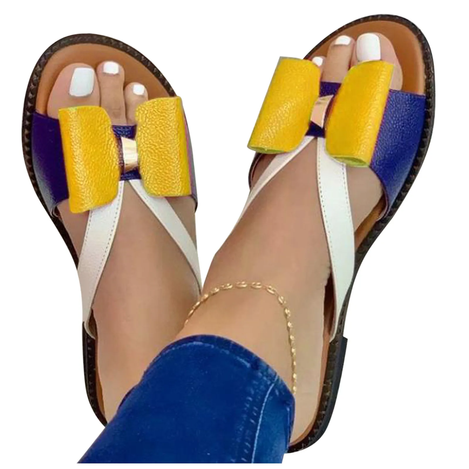 

Women Shoes 2021 Summer Girl Fashion Flat Color Blocking Bowknot Large Size Sandals Slippers PU Beach Outdoor Slides