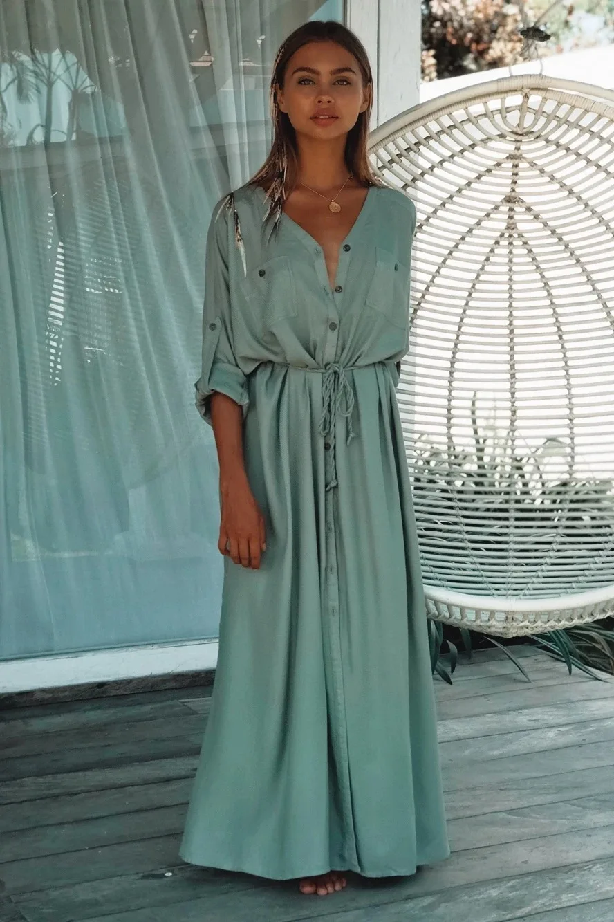 

2021European American new style white buttoned long skirt cardigan vacation coat sun protection clothing bikini blouse