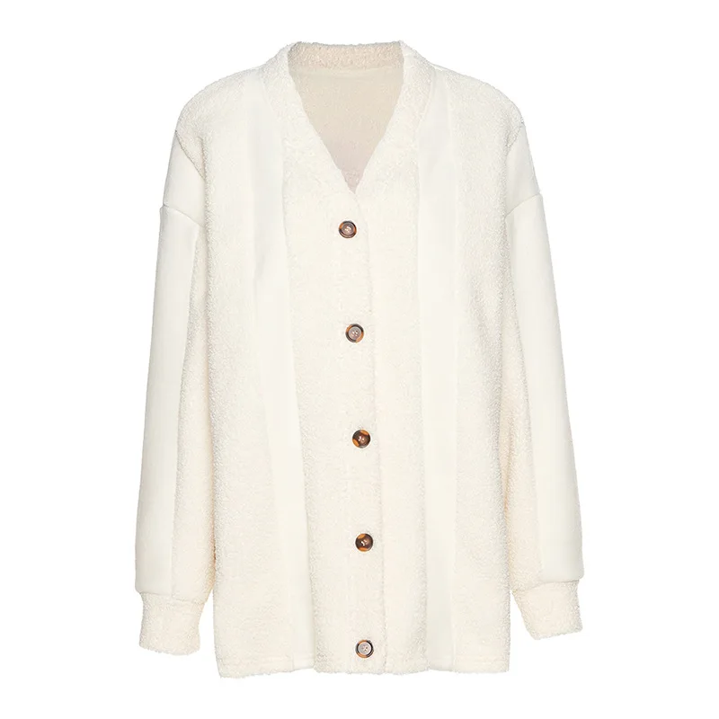 

Autumn Loose Solid Patchwork Plush Coats Women Cardigan Single Breasted Casual Office Lady Coat 2020 New Streetwear Female Top