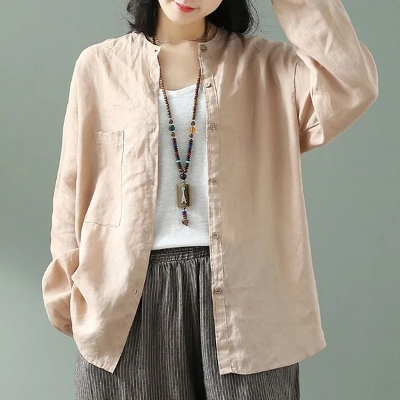 Женская блузка с длинным рукавом из хлопка и льна круглым вырезом | одежда