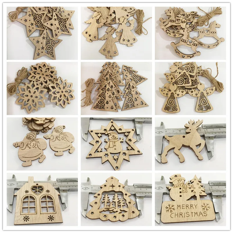 

10pcs Creative Wooden Crafts Christmas Tree Holiday Decoration Diy Wood Chip Ornaments Pendant To Send Hemp Rope