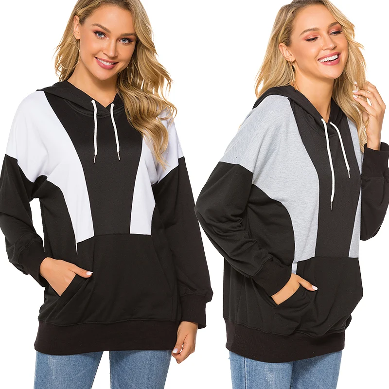 Женская толстовка с капюшоном черно-белая контрастных цветов на осень и зиму