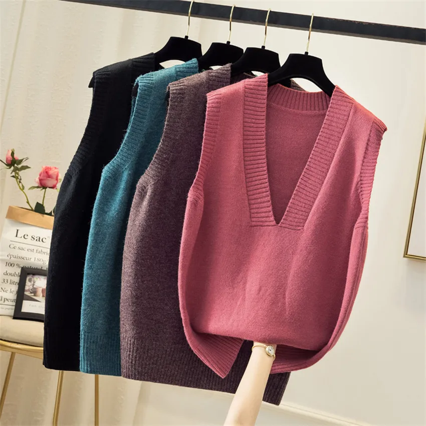 Пальто размера плюс без рукавов свитер жилет для женщин v образный вырез вязаный