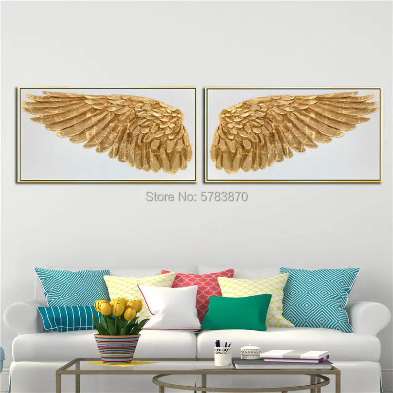 Ручная роспись золотая птица Масляные картины Крылья Ангела стены Искусство