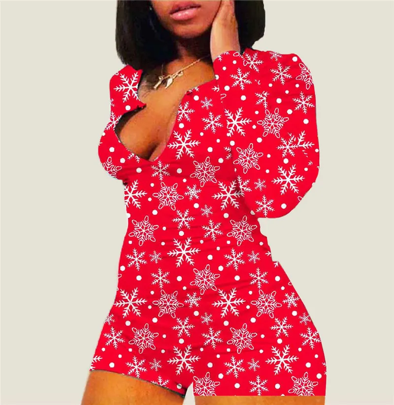 

Women Sexy Bodycon Long Sleeves Pajamas Christmas Deep V Neck Romper Jumpsuit Bodysuit Shorts Pants