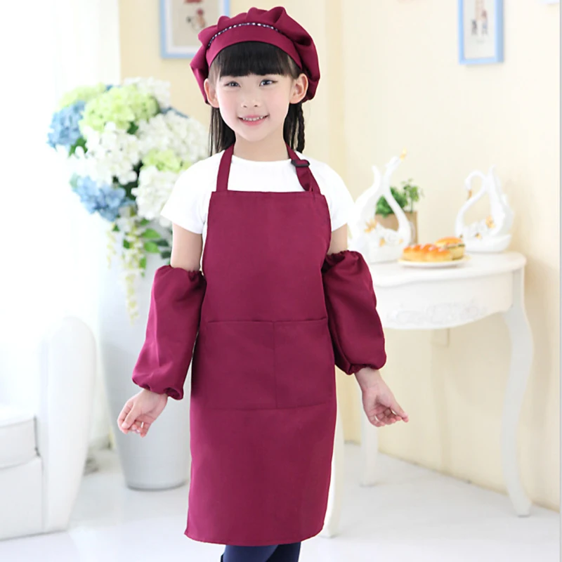 Wine Red Детский фартук рукава шляпа набор с карманом детский сад кухня выпечки живопись готовка Ремесло Искусство слюнявчик маслостойкие фартуки - Цвет: Wine Red