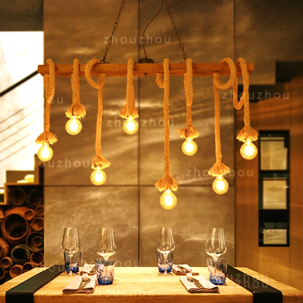 

40cm Hemp Rope Chandelier Vintage Rustic Hemp Rope Ceiling Chandelier E27 Pendant Lamp Dual Head Hanging Light Indoor Bar Decor