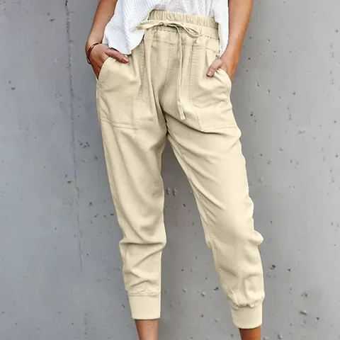 Лето 2021, женские брюки, новинка, однотонные Простые повседневные облегающие стройнящие кружевные брюки из хлопка и льна, девять точек