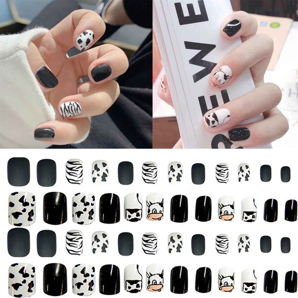 24 шт./коркор. накладные короткие ногти матовые черные и белые молочные коровы