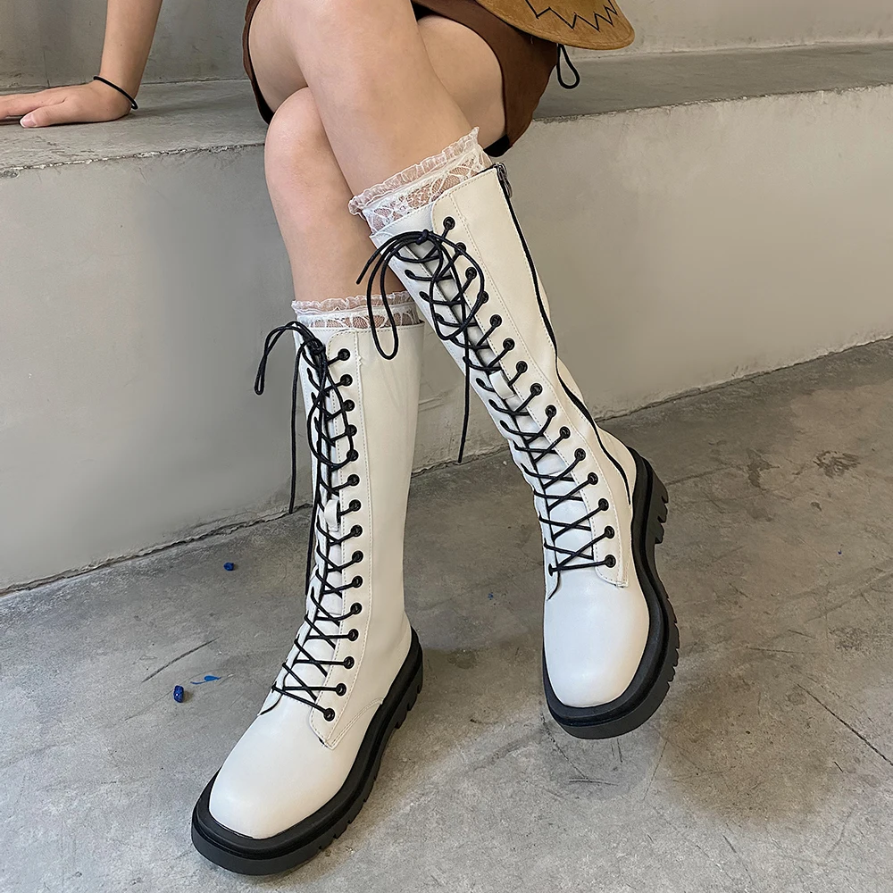 

Осень 2021, рыцарские сапоги, женские мартинсы на толстой подошве, женские сапоги до колена на шнуровке, белая кожаная обувь, женские сапоги в ...